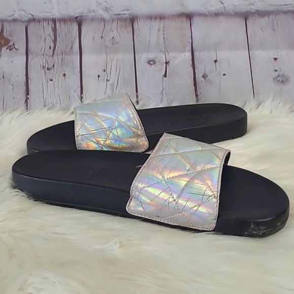 Victoria's Secret PINK Silver Rainbow Holographic Metallic Slide Slip-On Sandals - Picture 14 of 17